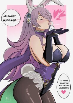 1girl 1other animal_ears breasts camilla_(fire_emblem) camilla_(spring_princess)_(fire_emblem) choker cleavage closed_mouth english_text fake_animal_ears fake_tail fire_emblem fire_emblem_fates fire_emblem_heroes frilled_choker frills giant giantess gloves hair_over_one_eye heart highres ihsnet kiran_(fire_emblem) kiss large_breasts long_hair nintendo official_alternate_costume pantyhose playboy_bunny purple_hair rabbit_ears rabbit_tail solo_focus speech_bubble tail thick_thighs thighs very_long_hair wavy_hair
