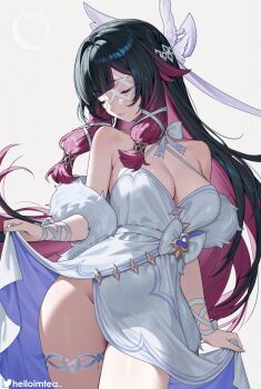 1girl adapted_costume alternate_breast_size_(larger) bare_shoulders black_hair breasts cleavage columbina_(genshin_impact) commentary dress english_commentary eye_mask feather_boa fingernails genshin_impact gradient_hair groin hair_ornament helloimtea highres long_hair mask medium_breasts multicolored_hair no_panties paid_reward_available parted_lips purple_hair solo thighs twitter_username white_dress wing_hair_ornament
