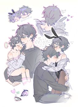 1boy 1girl age_difference aged_down andrew_graves animal_ears ashley_graves black_sweater blush bow breast_sucking brother_and_sister closed_mouth english_text flat_chest green_eyes hand_on_another's_head highres incest loli memi_005164 pink_bow pink_eyes playboy_bunny rabbit_ears siblings sleeping sweat sweater the_coffin_of_andy_and_leyley