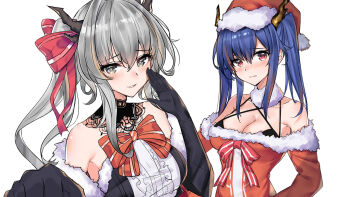 Rule 34 | 2girls, arknights, bare shoulders, black bra, black gloves, blue hair, blush, bow, bowtie, bra, breasts, ch'en (arknights), christmas, cleavage, commentary request, dragon girl, dragon horns, dress, elbow gloves, fur-trimmed headwear, fur trim, gloves, grey eyes, grey hair, hair ribbon, hat, horns, large breasts, long hair, looking at viewer, medium breasts, multiple girls, off-shoulder dress, off shoulder, parted lips, red bow, red dress, red eyes, red hat, ribbon, santa costume, santa dress, santa hat, siblings, side ponytail, simple background, sisters, smile, srpzk, talulah (arknights), twintails, underwear, upper body, white background