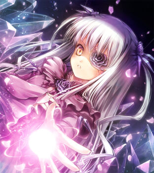 Rule 34 | 1girl, barasuishou, blush, commentary request, crystal, flower, flower eyepatch, frilled shirt, frills, grey hair, hair flower, hair ornament, lolita fashion, long hair, long sleeves, misaki (kyal 001), purple flower, purple rose, purple shirt, rose, rozen maiden, shaded face, shirt, solo, two side up, upper body, yellow eyes