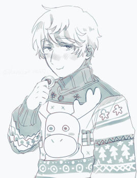 1boy animal_print artist_name axis_powers_hetalia blush christmas_sweater christmas_tree_print closed_mouth commentary_request cookie deer_print eating food greyscale half-closed_eyes hand_up harutoro_39487 highres holding holding_food long_sleeves looking_at_viewer male_focus monochrome puffy_long_sleeves puffy_sleeves russia_(hetalia) short_hair simple_background snowflake_print solo star_(symbol) star_print sweater turtleneck turtleneck_sweater upper_body