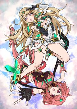 2girls blonde_hair breasts highres large_breasts multiple_girls mythra_(xenoblade) pyra_(xenoblade) red_eyes red_hair sofusan1526 xenoblade_chronicles_(series) xenoblade_chronicles_2 yellow_eyes
