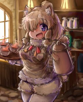 10s 1girl :d alpaca_ears alpaca_suri_(kemono_friends) alpaca_tail animal_ears blonde_hair blurry blurry_background bodystocking breast_pocket coffee_pot commentary_request cowboy_shot cup day drink female_focus fur-trimmed_sleeves fur_scarf fur_trim hair_bun hair_over_one_eye hands_up highres holding holding_pot holding_tray indoors kemono_friends light long_sleeves looking_at_viewer medium_hair neck_ribbon open_mouth pocket pot purple_eyes ribbon scarf shiitake_fuumi shorts single_hair_bun smile solo standing sweater_vest tail tongue tray upper_body window