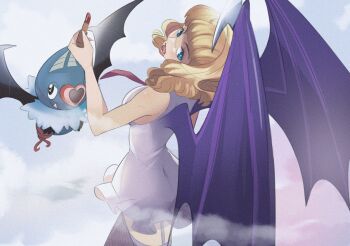 1girl black_wings blonde_hair blue_eyes blunt_bangs commentary cosmetics dress english_commentary eyelashes fangs fishnet_thighhighs fishnets garter_straps gen_5_pokemon holding holding_lipstick_tube lipstick_tube looking_back nintendo one_piece pokemon sleeveless sleeveless_dress smoke startboii stussy_(one_piece) swoobat thighhighs white_dress wings