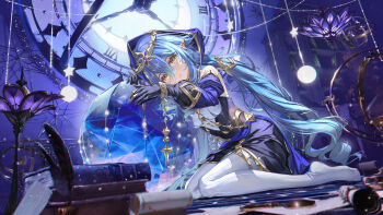 1girl absurdres al_guang bare_shoulders black_gloves blue_hair blue_hood book bright_pupils chinese_commentary clock commentary detached_sleeves drill_hair drill_sidelocks duplicate genshin_impact gloves gold_choker gold_shoes hair_between_eyes highres hood hood_up jewelry layla_(genshin_impact) long_hair long_sleeves looking_at_viewer pantyhose pixel-perfect_duplicate pointy_ears puffy_sleeves shoes sidelocks solo very_long_hair white_pantyhose white_pupils yellow_eyes