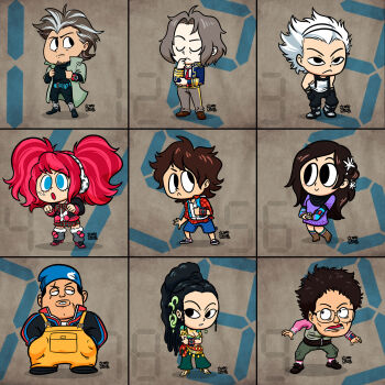 3girls 5boys :&lt; adjusting_jacket aqua_belt aqua_eyes aqua_vest belt black_eyes black_hair black_jacket black_pants black_shirt black_shoes blue_jacket blue_shorts boots bow breasts brown_boots brown_hair brown_shoes chibi chibi_only cleavage clenched_hand closed_eyes closed_mouth commentary crossed_arms drawstring dress earmuffs english_commentary eyelashes facial_hair facial_mark facial_scar flannel flower full_body glasses goatee green_pants grey_background grey_boots grey_hair grey_jacket grey_leg_warmers grey_pants grey_socks grey_vest hair_flower hair_intakes hair_ornament hand_on_own_chin hands_in_pockets high_heels highres hood hoodie ichimiya_(kyokugen_dasshutsu) ikarokruz jacket junpei_(kyokugen_dasshutsu) kurashiki_akane kyokugen_dasshutsu kyokugen_dasshutsu:_9_jikan_9_nin_9_no_tobira leg_warmers lips long_hair long_sleeves lower_teeth_only mature_male multicolored_hair multiple_boys multiple_girls nakano_yotsuba necktie niels_(kyokugen_dasshutsu) ninth_man_(kyokugen_dasshutsu) open_clothes open_jacket open_mouth open_vest overalls own_hands_together pants pink_hair pink_shirt plaid_bow plaid_clothes plaid_skirt pom_pom_(clothes) pom_pom_drawstring ponytail purple_dress red_hair red_necktie red_shirt red_shoes santa_(kyokugen_dasshutsu) scar scar_across_eye scar_on_cheek scar_on_face scared seven-segment_display seven_(kyokugen_dasshutsu) shirt shoes short_hair shorts signature skirt smile socks standing teeth toon_(style) twintails two-tone_hair vest watch white_hair white_hoodie white_shirt wristwatch yashiro_(kyokugen_dasshutsu) yellow_overalls