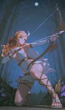 1girl absurdres aiming arrow_(projectile) artemis_(mythology) blonde_hair blue_eyes bow bow_(weapon) braid breasts bush cape clothing_cutout commentary commission crown_braid dress elbow_gloves feet flower forest full_moon gladiator_sandals gloves gold_choker gold_thighlet greek_mythology hair_bow highres hip_vent holding holding_arrow holding_bow_(weapon) holding_weapon jewelry legs long_hair looking_ahead medium_breasts moon nature night on_one_knee outdoors parted_lips partially_fingerless_gloves plunging_neckline purple_flower qingli_ye red_bow sandals side_cape sideless_dress solo star_(sky) thighlet toenails toes tree wavy_hair weapon white_cape white_dress white_gloves
