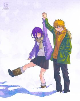 1boy 1girl absurdres black_skirt blonde_hair blush boots chainsaw_man closed_eyes coat commentary couple denji_(chainsaw_man) english_commentary full_body fur-trimmed_boots fur-trimmed_coat fur_trim green_coat grey_socks grey_sweater hair_between_eyes hand_in_pocket hetero highres holding_hands hood hood_down hoodie interlocked_fingers kwadarth looking_at_another medium_hair orange_hoodie parted_lips plaid_clothes plaid_scarf pleated_skirt purple_coat purple_hair reze_(chainsaw_man) ribbed_socks ribbed_sweater scarf short_hair skirt smile snow socks standing standing_on_one_leg sweater twitter_username