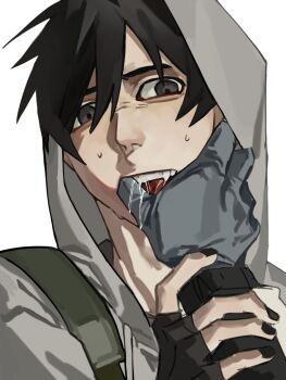 2boys aegyo_sal afraid_of_monsters bag black_gloves black_hair black_nails black_shirt brotherhon56337 commentary_request creator_connection cry_of_fear david_leatherhoff finger_in_another's_mouth fingerless_gloves gloves grey_gloves grey_hoodie hand_on_another's_wrist highres hood hood_up hoodie male_focus multiple_boys pov pov_hands saliva shirt short_hair shoulder_bag simon_henriksson sweatdrop upper_body wide-eyed yaoi