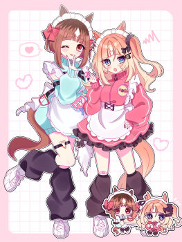 Rule 34 | 2girls, absurdres, alternate costume, ame (a 10ii), animal ears, apron, black socks, blue eyes, blue track suit, blush, breasts, brown hair, carrot, chibi, closed eyes, commentary request, ear ornament, espoir city (umamusume), frilled apron, frills, hair ornament, heart, highres, holding, holding tray, horse earrings, horse ears, horse girl, horse tail, jacket, jersey maid, ketchup, ketchup bottle, leg warmers, long hair, looking at viewer, loose socks, maid, maid apron, maid headdress, multicolored hair, multiple girls, one eye closed, open mouth, orange hair, red eyes, red track suit, shoes, short hair, smile, socks, tail, thigh strap, tongue, tongue out, track jacket, track suit, transcend (umamusume), tray, turtleneck, turtleneck jacket, umamusume, unconventional maid, v, waist apron, white apron, white hair, white headdress