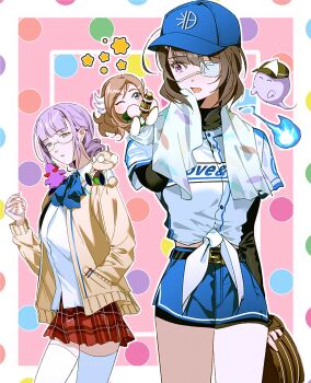 2girls ascot ball baseball baseball_bat baseball_cap baseball_glove baseball_uniform belt blue_bow blue_bowtie blue_eyes blue_fire blue_shorts blue_skirt blunt_bangs blush bow bowtie braid brown_cardigan brown_hair cardigan character_request chibi drill_hair eyepatch fire ghost glasses green_eyes hand_in_pocket hat heaven_burns_red highres higuchi_seika hiiragi_kozue hitodama holding holding_ball holding_baseball_bat holding_towel jikkyou_powerful_pro_yakyuu kjhg1108 layered_sleeves long_hair long_sleeves looking_at_another medical_eyepatch miniskirt multiple_girls on_shoulder one_eye_closed one_eye_covered open_clothes open_mouth plaid_clothes plaid_skirt pleated_skirt purple_eyes purple_hair red_skirt school_uniform shirt short_hair short_over_long_sleeves short_sleeves shorts skirt smile sportswear star_(symbol) stuffed_animal stuffed_toy thighhighs tied_shirt towel towel_around_neck undershirt white_shirt white_thighhighs