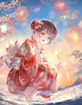 1girl anklet blue_eyes bracelet brown_hair fireworks floral_print flower hair_bun hair_flower hair_ornament highres holding japanese_clothes jewelry kimono large_variant_set looking_at_viewer obi original outdoors print_kimono red_flower red_kimono sash short_hair single_hair_bun sky smile solo sparkler squatting variant_set water wide_sleeves xixizi