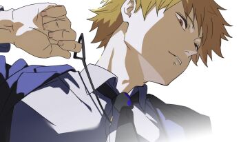 1boy aioman_mark1 black_necktie blonde_hair brown_eyes chainsaw_man collared_shirt cord_pull denji_(chainsaw_man) from_below highres jacket male_focus necktie parted_lips pull_cord shirt short_hair simple_background solo suit_jacket teeth white_background white_shirt
