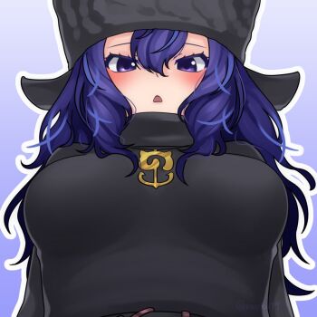 1girl :&lt; anchor_necklace black_hat black_sweater blue_eyes blue_hair blush fins from_below gradient_hair hair_between_eyes hat head_fins highres japari_symbol jewelry kemono_friends long_hair long_sleeves looking_at_viewer multicolored_hair necklace ray_co99 sidelocks solo sperm_whale_(kemono_friends) sweater turtleneck turtleneck_sweater upper_body ushanka whale_girl