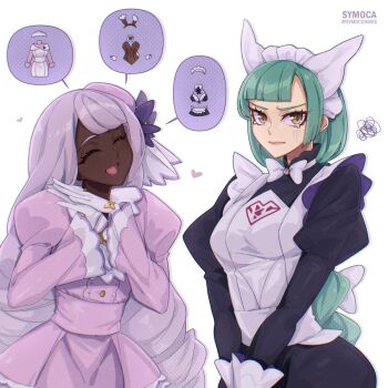 2girls animal_ears apron ascot bikini black_bikini black_romper bow bowtie braid braided_ponytail breasts closed_eyes closed_mouth cosplay dark-skinned_female dark_skin dress fake_animal_ears fascinator frilled_ascot frills glove_bow gloves green_hair hair_bow hair_ornament hat heart jacinthe_(pokemon) joy_(pokemon) joy_(pokemon)_(cosplay) juliet_sleeves lebanne_(pokemon) leotard long_hair long_sleeves looking_at_viewer low_drills maid maid_apron maid_bikini maid_headdress master_and_servant medium_breasts mega_stone multiple_girls nintendo nurse nurse_cap open_mouth pink_dress playboy_bunny pokemon pokemon_legends:_z-a puffy_sleeves purple_dress purple_hair rabbit_ears romper smile speech_bubble swimsuit symoca tearing_up unconventional_maid very_dark_skin white_bow white_bowtie white_dress wrist_cuffs
