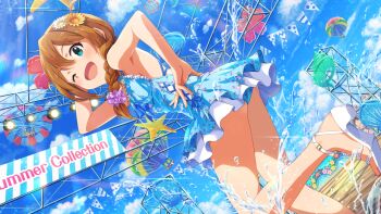 1girl :d aqua_eyes arm_behind_head baba_konomi blue_dress braid breasts brown_hair commentary_request day dress flower from_below game_cg hair_flower hair_ornament hair_over_shoulder hand_on_own_hip high_heel_sandals idolmaster idolmaster_million_live! idolmaster_million_live!_theater_days looking_at_viewer looking_back official_art open_mouth outdoors sandals single_braid small_breasts smile solo splashing stage standing sunflower third-party_source two_side_up water white_sandals