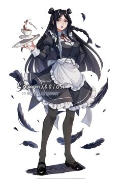 1girl alternate_costume apron black_dress black_eyes black_feathers black_hair black_pantyhose black_shoes coffee cup dress english_text fairy_tail falling_feathers feathers full_body highres holding holding_tray long_hair looking_at_viewer minerva_orlando neck_ribbon open_mouth pantyhose red_ribbon reytsu ribbon saucer shoes solo spoon tray waist_apron watermark white_apron