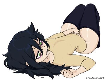 1girl arched_back bags_under_eyes between_legs black_hair black_thighhighs bottomless breasts convenient_censoring expressionless female_masturbation green_eyes hair_between_eyes half-closed_eyes hand_between_legs kuroki_tomoko long_hair looking_to_the_side lying masturbation messy_hair nevtelen no_panties on_back open_mouth pixel_art shirt simple_background small_breasts solo thighhighs twitter_username watashi_ga_motenai_no_wa_dou_kangaetemo_omaera_ga_warui! watermark white_background yellow_shirt