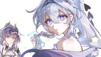 3girls ahoge bare_shoulders blue_eyes blue_hair bronya_zaychik bronya_zaychik_(herrscher_of_truth) chinese_commentary commentary_request corset flower grey_hair hair_intakes halo highres honkai_(series) honkai_impact_3rd kiana_kaslana kiana_kaslana_(herrscher_of_finality) long_hair multicolored_hair multiple_girls parted_lips ponytail procreate_(medium) purple_eyes purple_flower purple_hair raiden_mei raiden_mei_(herrscher_of_origin) seawave02974 simple_background star-shaped_pupils star_(symbol) streaked_hair symbol-shaped_pupils two-tone_hair very_long_hair white_background white_corset