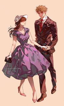 1boy 1girl bag black_hair black_jacket black_pants black_shoes black_suit blonde_hair breasts chaoxibumian cleavage collared_dress collared_shirt commentary dress earrings flower formal_clothes full_body gloves grey_background hair_bun handbag hat hat_flower high_heels highres holding holding_bag holding_hands jacket jewelry light_blush long_hair looking_at_another medium_breasts necklace necktie open_mouth pants parted_bangs pink_shoes pumps purple_dress red_eyes red_necktie shirt shoes short_hair short_sleeves sidelocks smile spy_x_family suit suit_jacket symbol-only_commentary twilight_(spy_x_family) updo white_flower white_gloves white_hat white_shirt yor_briar