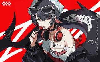 1girl absurdres alternate_costume black_hair black_jacket breasts candy chain chain_necklace cleavage collar colored_inner_hair commentary_request copyright_name ellen_joe eyewear_on_head fins fish_tail food hair_ornament hairclip headphones headphones_around_neck highres holding holding_candy holding_food holding_lollipop jacket jewelry lollipop looking_at_viewer medium_breasts multicolored_hair necklace neu_(musyoku-neet) off_shoulder open_clothes open_jacket red_background red_eyes red_hair shark_girl shark_tail shirt simple_background solo spiked_collar spikes tail torn_clothes torn_shirt twitter_username two-tone_hair upper_body white_shirt x_hair_ornament zenless_zone_zero