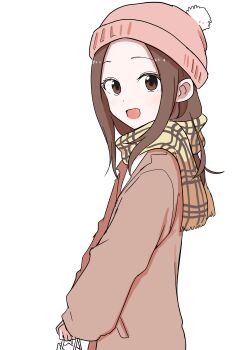 Rule 34 | 1girl, :d, absurdres, bag, beanie, brown coat, brown eyes, brown hair, coat, from side, hat, highres, holding, inaba mifumi, karakai jouzu no (moto) takagi-san, karakai jouzu no takagi-san, long hair, looking at viewer, open mouth, pink hat, scarf, shopping bag, sidelocks, simple background, smile, solo, takagi-san, white background, yellow scarf