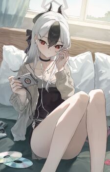 1girl absurdres bed black_bow black_choker black_dress black_hair black_horns blue_archive bow cassette_player cassette_tape cd chinese_commentary choker commentary_request condom condom_wrapper demon_horns demon_wings diamond_necklace dress ear_piercing earbuds earphones feet_out_of_frame flat_chest grey_halo grey_jacket hair_between_eyes hair_bow halo hand_in_own_hair highres horns indoors jacket kayoko_(blue_archive) kayoko_(dress)_(blue_archive) lao_wo long_hair low_wings multicolored_hair official_alternate_costume on_bed piercing pillow red_eyes single_wing sitting solo studded_choker thighs two-tone_hair white_hair wings