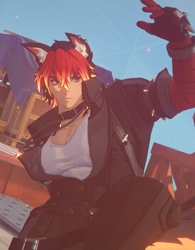 1boy animal_ears bara black_hair black_jacket collar commentary_request gogogalar hair_between_eyes highres jacket jewelry komano_manato large_pectorals male_focus multicolored_hair muscular muscular_male pectoral_cleavage pectorals red_eyes red_hair scar scar_on_face shirt short_hair solo tail tank_top white_tank_top wolf_boy wolf_ears wolf_tail zenless_zone_zero