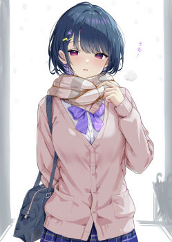 1girl absurdres bag black_bag blue_hair blue_skirt bow bowtie brown_scarf cagasyo cardigan commentary hair_ornament hand_up highres koshimizu_toru light_blush long_sleeves looking_at_viewer mole mole_under_eye multicolored_hair nijisanji parted_lips plaid_clothes plaid_skirt pleated_skirt purple_bow purple_bowtie purple_eyes scarf school_bag school_uniform shirt short_hair shoulder_bag skirt solo upper_body virtual_youtuber white_shirt