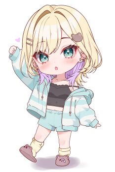 1girl absurdres amaki_daisuke animal_slippers arm_up armpit_crease bear_slippers black_camisole blonde_hair blush breasts brown_slippers camisole chibi chibi_only collarbone colored_inner_hair commentary ear_piercing eyeshadow fang green_eyes green_hoodie green_shorts hair_ornament hairclip heart heart_in_eye highres hood hoodie kurumi_noah kurumi_noah_(6th_costume) long_sleeves looking_at_viewer makeup medium_hair midriff multicolored_hair navel open_mouth piercing pink_eyeshadow pink_hair shorts simple_background skin_fang slippers socks solo stomach strap_slip striped_clothes striped_hoodie symbol_in_eye thighs two-tone_hair virtual_youtuber vspo! white_background yellow_socks
