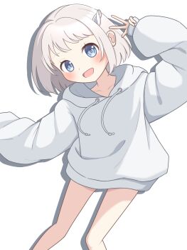 1girl absurdres bare_legs blue_eyes blue_ribbon blush braid collarbone commentary_request drop_shadow feet_out_of_frame gakuen_idolmaster grey_hair hair_ribbon half_up_braid highres hood hoodie idolmaster katsuragi_lilja long_sleeves looking_at_viewer no_pants ribbon ribbon_braid short_hair shuru2n_07 simple_background smile solo w white_background white_hoodie