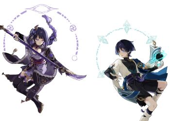 1boy 1girl 624_itumo anemo_symbol_(genshin_impact) aqua_gemstone aqua_halo armor arms_at_sides belt black_belt black_bodysuit black_bow black_bridal_gauntlets black_hair black_shorts black_shrug black_thighhighs blue_cape blue_kimono blue_sleeves blunt_bangs blunt_ends bodysuit bow braid breasts bridal_gauntlets brown_sandals cape cleavage clothing_cutout colored_inner_hair electro_symbol_(genshin_impact) engulfing_lightning_(genshin_impact) eyeliner eyeshadow feathers fighting_stance floral_print floral_print_kimono flower furisode gem genshin_impact gold gold_ring gold_trim hair_flower hair_ornament hair_tie hakama hakama_shorts halo halo_behind_head high_heel_sandals highres hip_vent holding holding_polearm holding_weapon japanese_armor japanese_clothes juban kimono kote kurokote layered_sleeves long_hair low-braided_long_hair low-tied_long_hair makeup mandarin_collar middle_ring mitsudomoe_(shape) mole mole_under_eye mother_and_son multicolored_hair naginata off_shoulder open_clothes open_hands open_kimono parted_lips pelvic_curtain pink_eyes pink_hair pleated_shorts polearm pom_pom_(clothes) print_kimono purple_flower purple_hair purple_halo purple_kimono purple_rope purple_sash raiden_shogun red_eyeliner red_eyeshadow red_sash rope sandals sash scaramouche_(genshin_impact) short_kimono short_sleeves shorts shoulder_peek shrug_(clothing) single_sode swept_bangs tassel thighhighs tomoe_(symbol) tsurime vortex wanderer_(genshin_impact) weapon white_background white_kimono white_sleeves wide-eyed wispy_bangs yellow_feathers