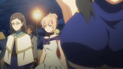 4girls animated armpits arms_up ass bare_shoulders belt binoculars black_hair black_ribbon blonde_hair blue_dress blush book breasts collarbone detached_sleeves dress elbow_gloves glasses gloves green_eyes hair_between_eyes hair_bun half-closed_eyes hand_on_own_ass hand_on_own_hip highres holding holding_book large_breasts medium_breasts medium_hair menou_(virgin_road) miniskirt model modeling momo_(virgin_road) multiple_girls neck_ribbon one_eye_closed open_mouth pink_hair purple_eyes red_eyes ribbon shokei_shoujo_no_virgin_road short_twintails sicilia_(virgin_road) sidelocks single_hair_bun skirt sleeveless sleeveless_dress smile sound subtitled tokitou_akari twintails video white_belt white_dress white_gloves wink