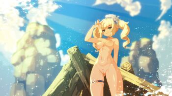 1girl aduare animated animated_gif arm_behind_back arm_up barbara_(genshin_impact) barbara_(summertime_sparkle)_(genshin_impact) bare_shoulders blonde_hair blue_eyes cleft_of_venus completely_nude cowboy_shot day female_pubic_hair genshin_impact hat light_rays looping_animation nipples nude outdoors pixel_art pubic_hair sailor_hat shading_eyes solo sunbeam sunlight thigh_strap twintails white_hat wind