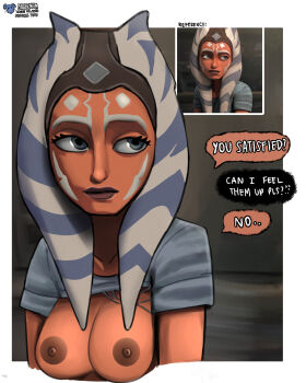 1girl absurdres ahsoka_tano alien breasts buddywalker7 derivative_work english_text highres lekku_(anatomy) lips looking_up medium_breasts nipples scene_reference screenshot_redraw shadow solo star_wars star_wars:_the_clone_wars togruta