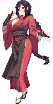 1girl bead_bracelet bead_necklace beads black_hair blush bracelet braid breasts choukou_(alicesoft) choukou_taisen_escalation_heroines cleavage highres horosuke japanese_clothes jewelry kimono large_breasts looking_at_viewer mole mole_on_breast necklace official_art outstretched_arm purple_eyes red_kimono shitsukuhiba_kaori smile solo