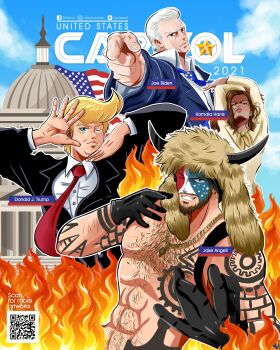 1girl 2021 3boys abs absurdres american_flag animification arm_tattoo arms_up artist_name beard black_gloves black_jacket black_suit blonde_hair blue_eyes blue_neckwear blue_sky blue_suit brown_eyes business_suit chancil character_name chest_hair chest_tattoo closed_mouth cloud collared_shirt commentary cover dark-skinned_female dark_skin day donald_trump dress earrings english_commentary english_text facebook_username facepaint facial_hair fake_cover fake_horns fire formal_clothes gloves goatee grin hairy hand_over_face higashikata_josuke&#039;s_pose highres hoop_earrings horns instagram_username jacket jake_angeli jewelry joe_biden jojo_no_kimyou_na_bouken jojo_pose kamala_harris lipstick long_sleeves looking_at_viewer makeup multiple_boys mustache neckerchief necklace necktie one_eye_closed outdoors parody parted_lips pectorals pelt pointing pointing_at_viewer politician politics pompadour qr_code real_life red_lips red_neckwear sanpaku shirt shoulder_tattoo sky smile smug star_(symbol) stardust_crusaders stud_earrings suit tattoo twitter_username united_states united_states_capitol unknown_creation_date white_hair white_shirt wing_collar yellow_dress yellow_neckwear