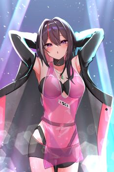 1girl absurdres alternate_breast_size_(larger) arms_behind_head arms_up asymmetrical_sidelocks azki_(2nd_costume)_(hololive) azki_(4th_costume)_(hololive) azki_(hololive) belt black_bra black_choker black_coat black_panties black_shorts blush bra breasts brown_hair choker coat colored_inner_hair commentary cowboy_shot double-parted_bangs dress embarrassed facial_mark hair_intakes heavy_lens_flare high_belt highleg highleg_panties highres hololive large_breasts lens_flare light_particles long_coat long_hair looking_at_viewer mole mole_under_eye multicolored_hair navel panties panty_straps pelvic_curtain pink_dress pink_hair pink_streaks purple_eyes rashin see-through_clothes see-through_dress self_cosplay short_dress short_shorts shorts sidelocks sleeveless sleeveless_dress solo strapless strapless_bra streaked_hair triangle_mouth underwear virtual_youtuber white_streaks