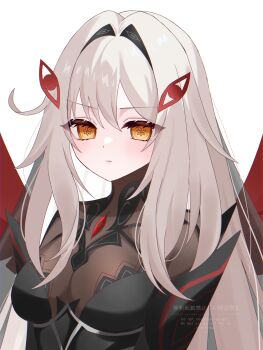 Rule 34 | 1girl, artist name, bodystocking, breasts, cleavage, commentary request, english text, eye hair ornament, eye symbol, genshin impact, grey hair, hair between eyes, highres, kino (curry pan), long hair, looking at viewer, partial commentary, revision, ronova (genshin impact), simple background, solo, symbol-shaped pupils, upper body, watermark, white background, yellow eyes