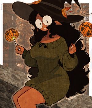 1girl absurdres artist_name black_hair black_nails border breasts candy_apple curly_hair dark-skinned_female dark_skin dress elf food glasses hat hat_ornament highres holding holding_candy_apple holding_food leaf_hat_ornament light_blush long_hair medium_breasts nail_polish original parted_lips pointy_ears revauri round_eyewear sitting solo sweater sweater_dress upper_body white_border witch_hat