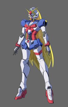 arms_at_sides blonde_hair commentary full_body g_gundam green_eyes grey_background gundam highres long_hair mecha mecha_focus mechanical_hair no_humans nobel_gundam robot science_fiction simple_background solo standing super_robot takaba_akinori twitter_username v-fin very_long_hair