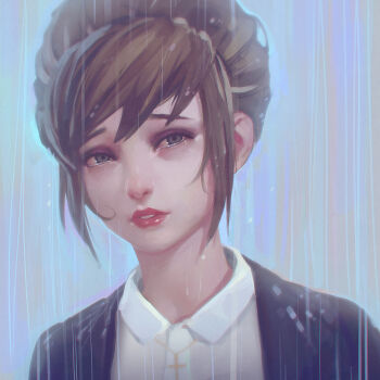 brown_hair cross grey_eyes ilya_kuvshinov jacket jewelry kate_marsh life_is_strange_(series) life_is_strange_1 necklace open_clothes open_jacket parted_lips rain shirt solo white_shirt