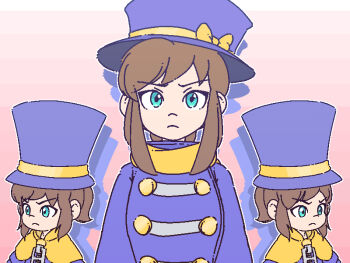 3girls a_hat_in_time aged_up blue_eyes bow brown_hair buttons cape child clone closed_mouth coat commentary_request double-breasted hat hat_bow hat_kid korean_commentary long_sleeves looking_at_viewer multiple_girls nahae1224 pink_background ponytail purple_coat purple_hat scarf sidelocks textless_version top_hat yellow_bow yellow_cape yellow_scarf zipper_pull_tab