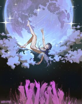 1boy artist_name blue_hair cloud commentary completely_nude english_commentary falling fingernails flins_(genshin_impact) full_moon genshin_impact highres insect_wings larskukka long_hair male_focus moon night night_sky nude outstretched_arm outstretched_arms sharp_fingernails sky solo star_(sky) starry_sky wings yellow_eyes