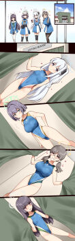Rule 34 | 4girls, absurdres, alternate costume, bare arms, bare legs, bare shoulders, black hair, black pantyhose, black skirt, blue archive, blue halo, blue one-piece swimsuit, blue sailor collar, blue serafuku, blush, braid, breasts, brown eyes, brown hair, closed mouth, covered erect nipples, flat chest, glasses, green eyes, green halo, green neckerchief, grey hair, grey halo, grin, halo, heart, highres, knee pads, large breasts, long hair, long sleeves, low twintails, minase (takaoka nanase), miyako (blue archive), miyu (blue archive), moe (blue archive), multiple girls, neckerchief, one-piece swimsuit, one side up, open mouth, pantyhose, pink neckerchief, pleated skirt, purple eyes, rabbit platoon (blue archive), red eyes, round eyewear, sailor collar, saki (blue archive), school uniform, serafuku, short hair, skirt, small breasts, smile, swimsuit, twintails, two-tone skirt, white pantyhose, white sailor collar, white skirt, yellow halo, yellow neckerchief
