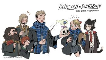 3boys 3girls anger_vein animal_ears beard black_eyes black_hair black_robe blonde_hair blue_necktie blush book bow brown_hair casting_spell cat_ears cat_girl cat_tail chilchuck_tims closed_eyes cowboy_shot dated diagonal-striped_clothes diagonal-striped_necktie dungeon_meshi dwarf elf english_text facial_hair falin_touden falin_touden_(tallman) green_eyes green_necktie gryffindor hair_bow halfling hands_in_pockets harry_potter_(series) highres hogwarts_school_uniform holding holding_book holding_skull holding_wand hooded_robe hufflepuff izutsumi laios_touden long_hair long_sleeves looking_at_viewer marcille_donato multiple_boys multiple_girls mustache necktie open_clothes open_mouth open_robe parody pointy_ears ponytail ravenclaw red_necktie robe scarf school_uniform senshi_(dungeon_meshi) shirt short_hair shuangshuanghao simple_background skirt skull slytherin smile striped_clothes striped_necktie striped_scarf sweater_vest tail upper_body wand white_background white_shirt wizarding_world yellow_eyes yellow_necktie