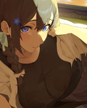 1girl black_hair blue_eyes blue_skirt braid breasts commentary_request double-parted_bangs flower hair_flower hair_ornament hairclip hakama hakama_skirt highres huge_nipples japanese_clothes kosode large_areolae large_breasts long_hair muneate nipples no_bra original raised_eyebrows seductive_smile see-through_clothes see-through_shirt shade shirt side_braid skirt smile solo sunset tomochi_(tmc_tmc8) upper_body white_kosode