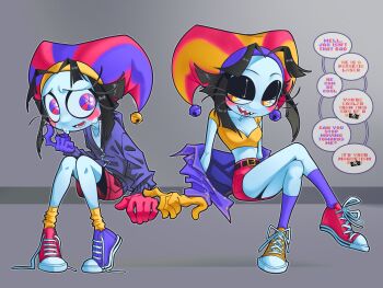 2girls aimike17 alternate_costume asymmetrical_gloves black_eyeshadow black_hair blue_eyes blue_gloves blue_hat blue_jacket blue_socks blush_stickers breasts caine_(the_amazing_digital_circus) censored character_censor cleavage colored_skin commentary crossed_legs evil_pomni_(the_amazing_digital_circus) eyeshadow flirting gloves half-closed_eyes hat highres jacket leaning_back leaning_forward long_eyelashes lower_teeth_only makeup medium_breasts mismatched_gloves mismatched_shoes multicolored_eyes multiple_girls naughty_face novelty_censor orange_eyes orange_hat pale_skin plunging_neckline pomni_(the_amazing_digital_circus) red_eyes red_gloves red_hat red_shoes red_shorts sharp_teeth shirt shoes shorts sidelocks sitting smile socks speech_bubble sweat teeth the_amazing_digital_circus two-tone_eyes two-tone_hat untied_shoelaces unworn_jacket white_skin yellow_gloves yellow_shirt yellow_shoes yellow_socks
