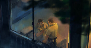 Rule 34 | 2boys, absurdres, bara, blurry, blurry foreground, classroom, collared shirt, confession, couple, eye contact, fat, fat man, from above, highres, koto (32456033), long sideburns, looking at another, male focus, multiple boys, night, open clothes, open shirt, original, pants, perspective, rain, shirt, short hair, sideburns, sitting, standing, yaoi